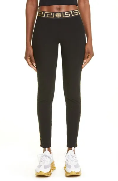 Versace Jacquard-trimmed Stretch-cotton Leggings In Black