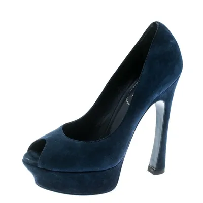 Pre-owned Saint Laurent Blue Suede Palais Platform Peep Toe Pumps Size 36