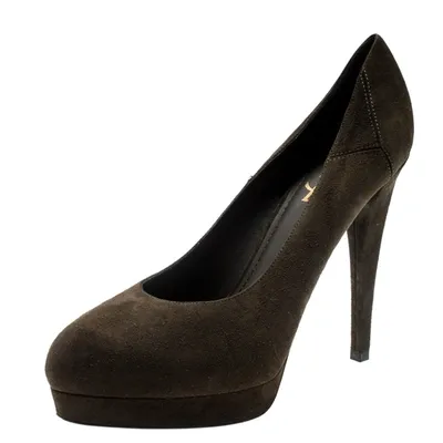 Pre-owned Saint Laurent Olive Green Suede Platform Pumps 38