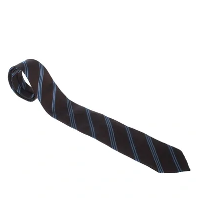 Pre-owned Boss By Hugo Boss Brown & Blue Diagonal Stripes Silk Jacquard Traditional Tie