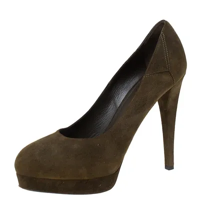 Pre-owned Saint Laurent Dark Green Suede Platform Pumps Size 36