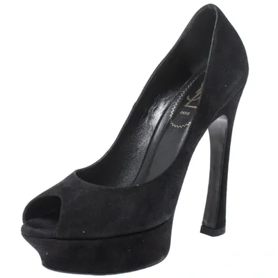 Pre-owned Saint Laurent Yves  Black Suede Palais Platform Peep Toe Pumps Size 38.5