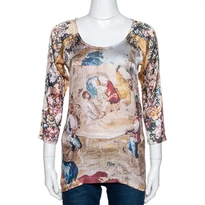 Pre-owned Dandg Beige Abstract Printed Stretch Silk Long Sleeve Top M