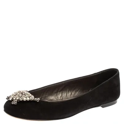 Pre-owned Giuseppe Zanotti Black Suede Crystal Embellished Ballet Flats Size 36