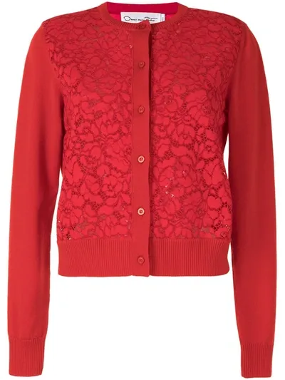 Oscar De La Renta Floral-lace Buttoned Cardigan In Red