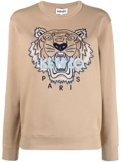 Kenzo Logo-embroidered Tiger Motif Sweatshirt In Neutrals