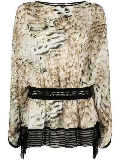 Roberto Cavalli Feather-print Silk Blouse In Neutrals