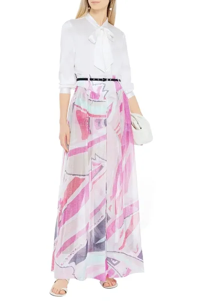 Emilio Pucci Belted Printed Metallic Silk-blend Jacquard Maxi Skirt In White