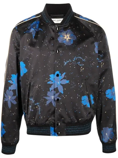 Saint Laurent Teddy Jacket With Hibisco Confetti Pattern In Black