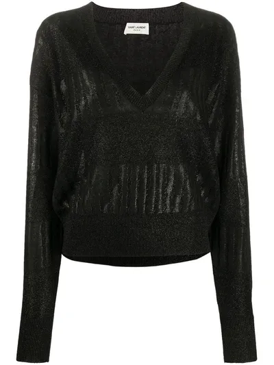 Saint Laurent Knitted V-neck Sweater With Lamé Stripe Panels In Black