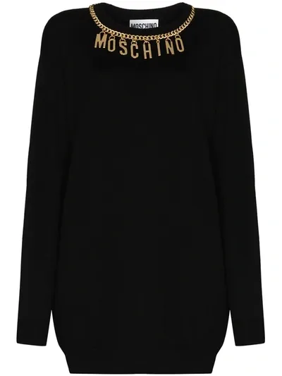 Moschino Mini Dress With Logo Lettering Charm In Black,gold