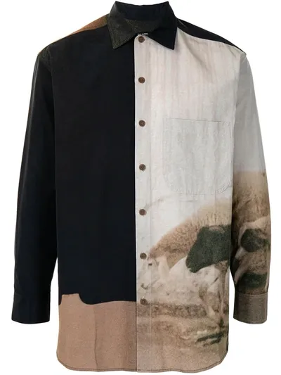 Song For The Mute Abstract-print Panelled Shirt In Brown