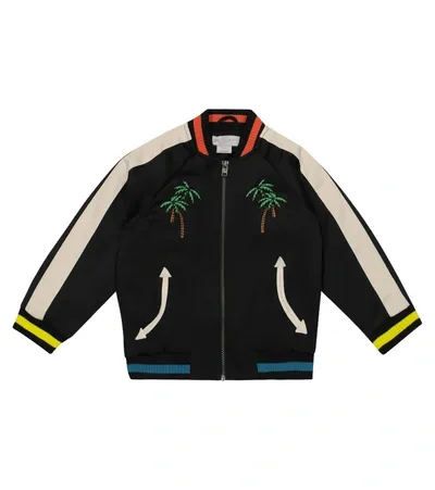 Stella Mccartney Kids' Palm Tree-embroidered Satin Bomber Jacket In Black