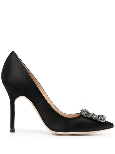 Manolo Blahnik 105mm Hangisi Swarovski Silk Satin Pumps In Black