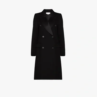 Victoria Beckham Double-breasted Satin-trimmed Wool-twill Coat In Black