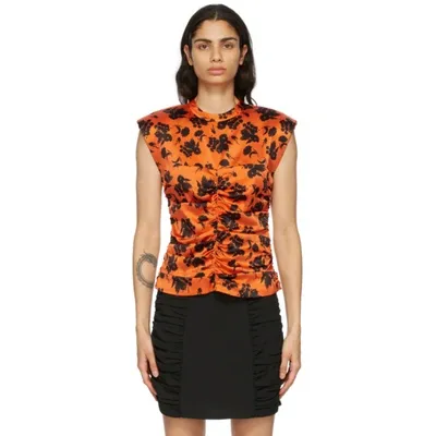 Ganni Floral Print Ruched Stretch Silk Satin Sleeveless Top In Orange