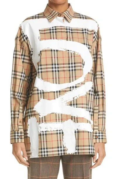 Burberry Bridgette Oversize Love Print Check Shirt In Beige