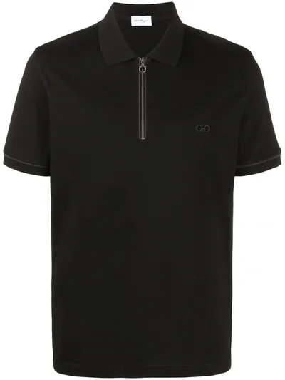 Ferragamo Logo-embroidered Zip-neck Polo Shirt In Black