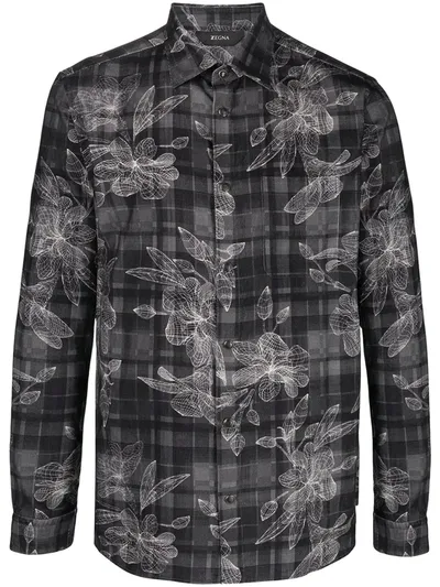 Z Zegna Floral Check Button-down Shirt In Black