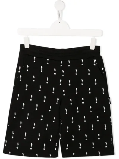 Neil Barrett Teen Lightning Bolt-print Track Shorts In Black