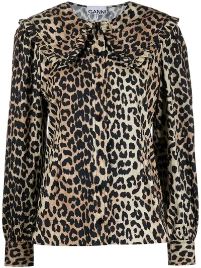 Ganni Leopard Print Blouse In Brown