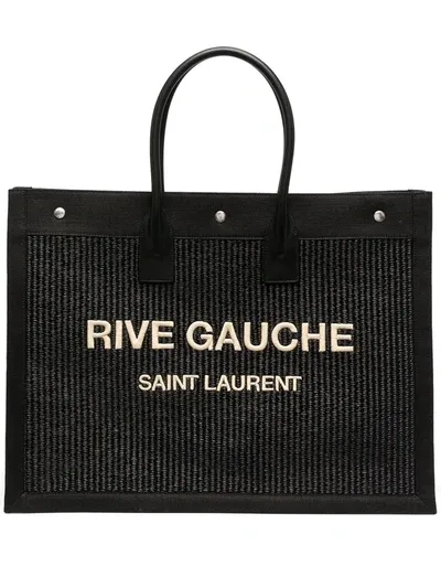 Saint Laurent Rive Gauche Straw Tote Bag In Black