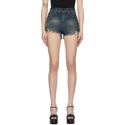 Saint Laurent Distressed Washed Denim Shorts In Blue