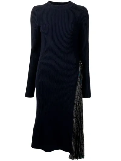 Sacai Ribbed Knit Dress With Side Pleat Detail In Blue