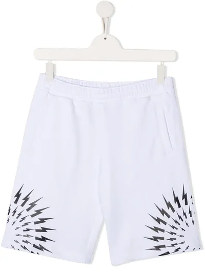 Neil Barrett Kids' Thunderbolt Print Cotton Shorts In White