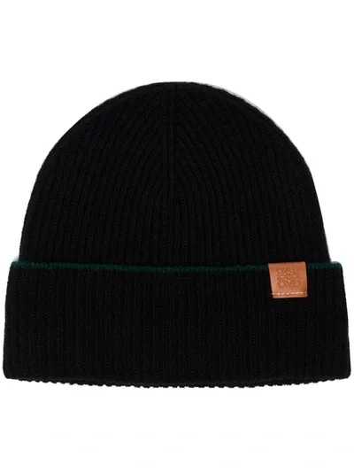 Loewe Black Logo Patch Wool Beanie Hat