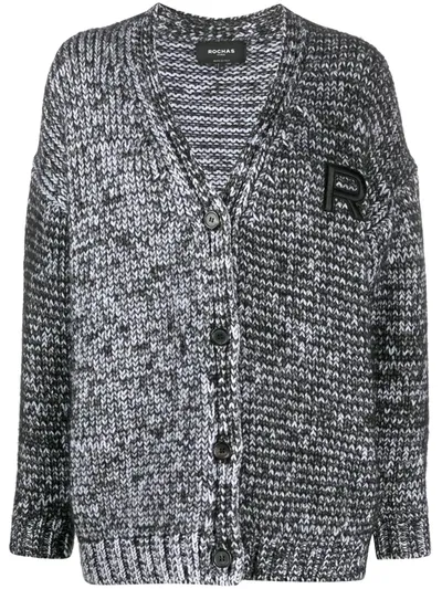 Rochas Chunky Marl-knit Cardigan With R Patch In Black