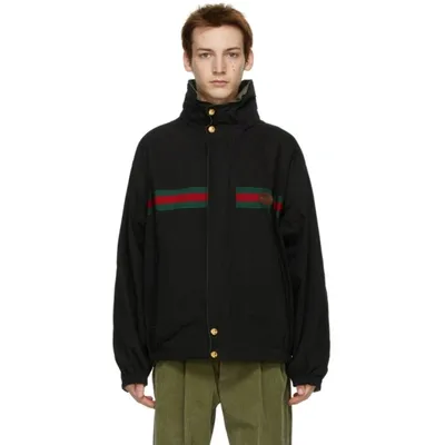 Gucci High-neck Web Stripe Detail Reversible Jacket In Black - Military Green