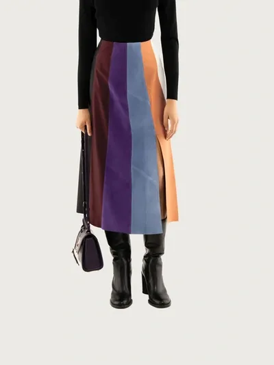 Ferragamo Paneled Leather And Suede Midi Skirt In Multicolor