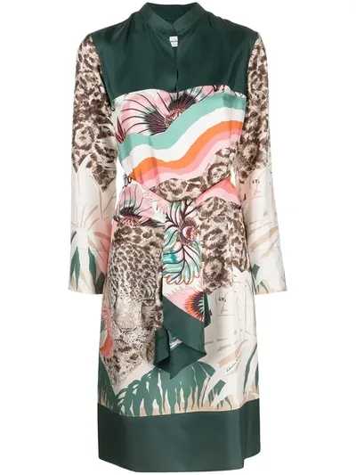 Ferragamo Tiger-print Silk Dress In Green