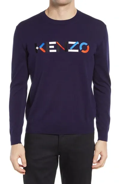 Kenzo Logo Embroidery Cotton Knit Sweater In Blue,orange,grey