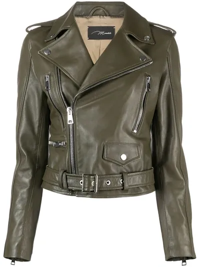 Manokhi Leather Cropped Biker Jaket In Green