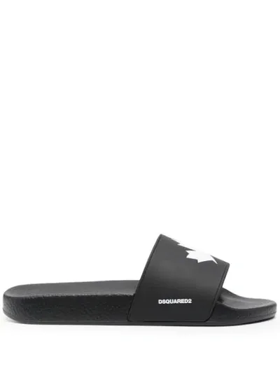 Dsquared2 Maple Leaf Faux-leather Slides In Black