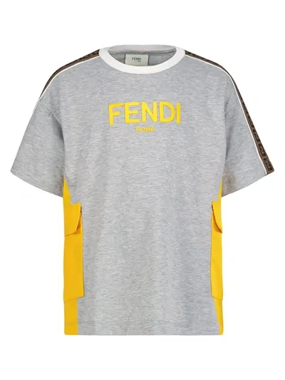 Fendi Kids' Patch Pocket Logo T-shirt In Grey