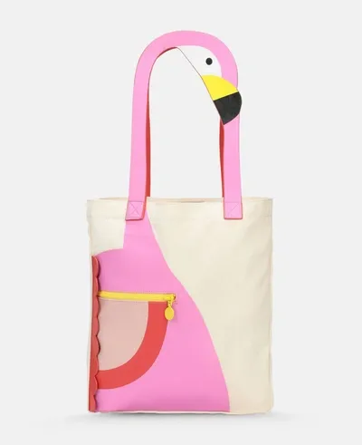 Stella Mccartney Kids Cream Flamingo Canvas Tote Bag In Pink