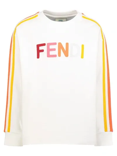 Fendi Kids' Girl's Embroidered Logo Racer Stripe Sweater In White