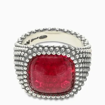 Nove25 Red Stone Square Chevalier Ring In Metallic