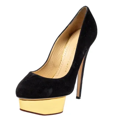 Pre-owned Charlotte Olympia Black Suede Dolly Platform Pumps Size 37