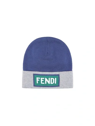 Fendi Kids' Branded Ribbed Beanie In Blue