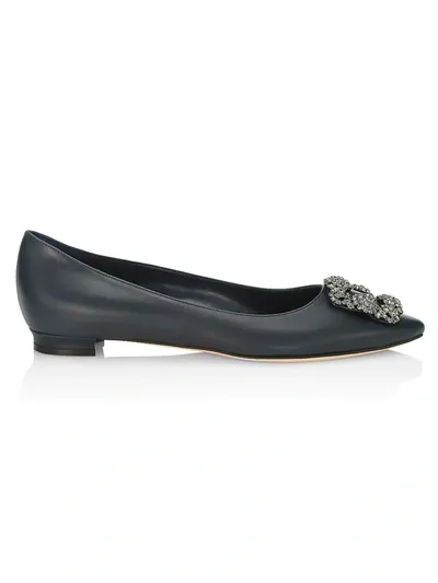 Manolo Blahnik Ladies Hangisi Flat Black Leather Ballerinas In Navy