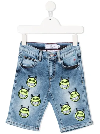 Philipp Plein Junior Kids' Embroidered Evil Smiley Denim Shorts In Blue