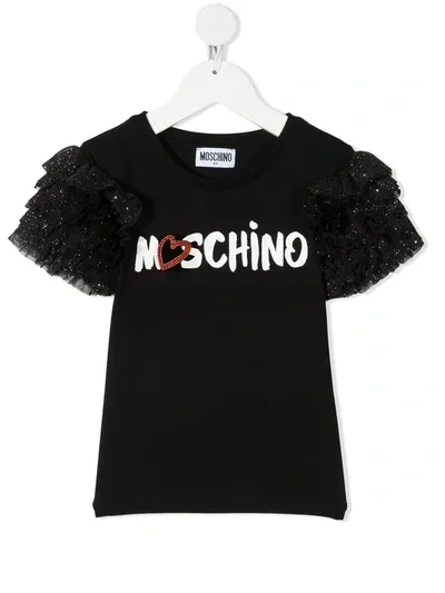 Moschino Kids' Ruffle-sleeve Stretch-cotton T-shirt In Black