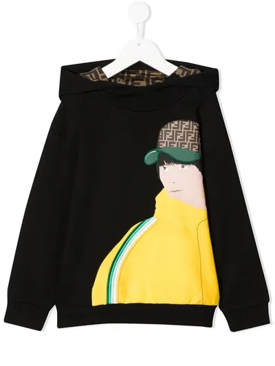 Fendi Kids'  Guy-print Hoodie In Black