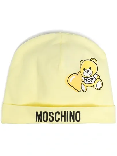 Moschino Babies' Teddy Bear-print Cotton Beanie In Yellow