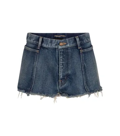 Saint Laurent Fringed Cuffs Detail Denim Shorts In Dark Wash