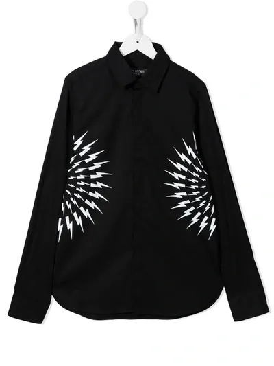 Neil Barrett Teen Lightning Bolt-print Cotton Shirt In Black